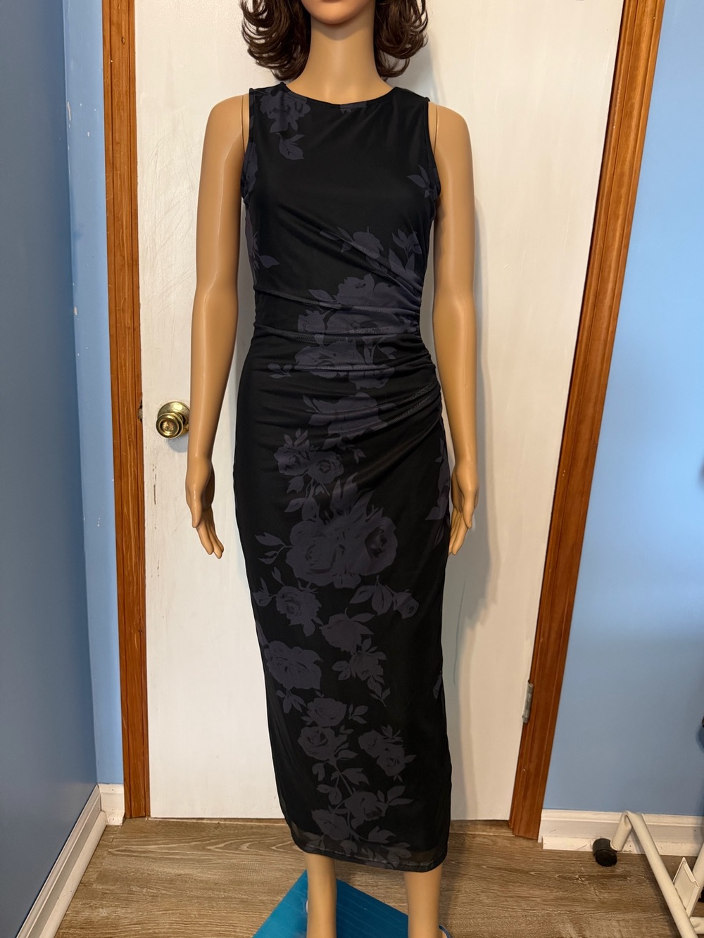 Women's Black Floral Ruched Maxi Dress, Size Small, NWOT